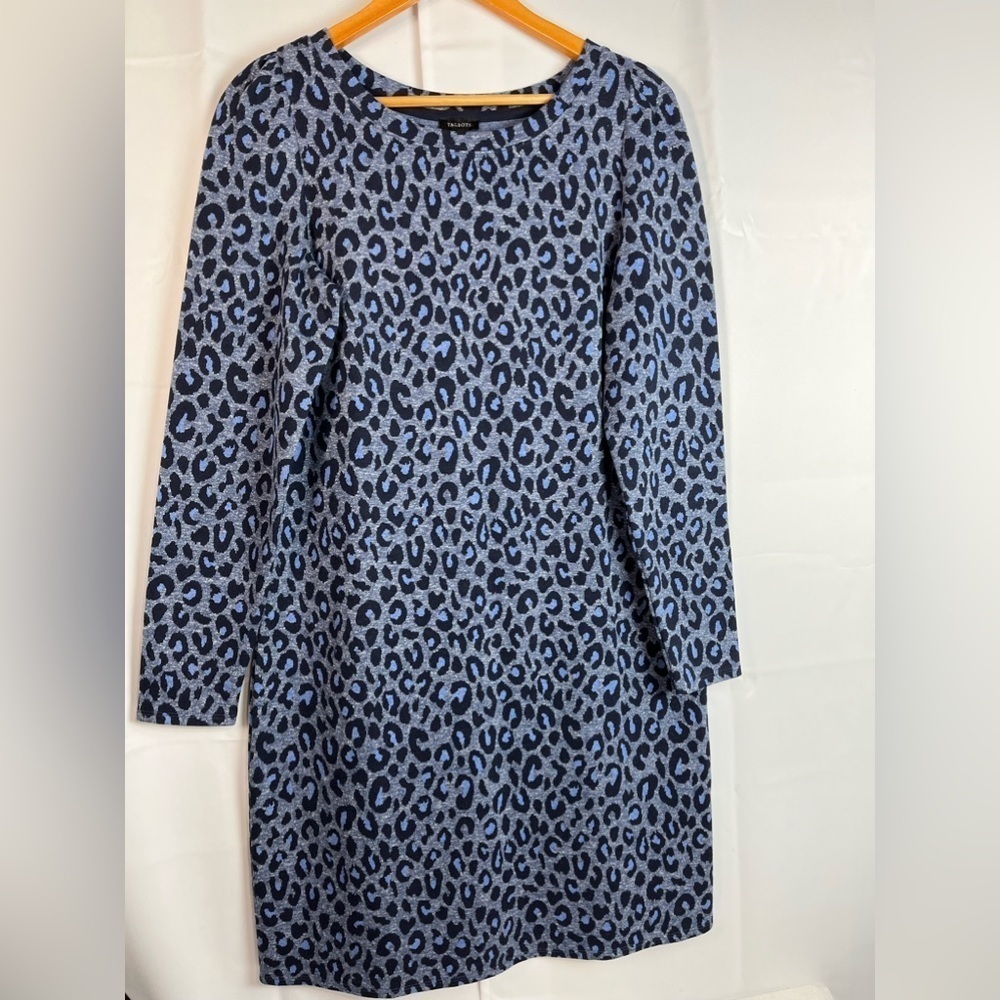 Talbots Womens Leopard Print Blue Long Sleeves Cotton Sweater Dress Size M